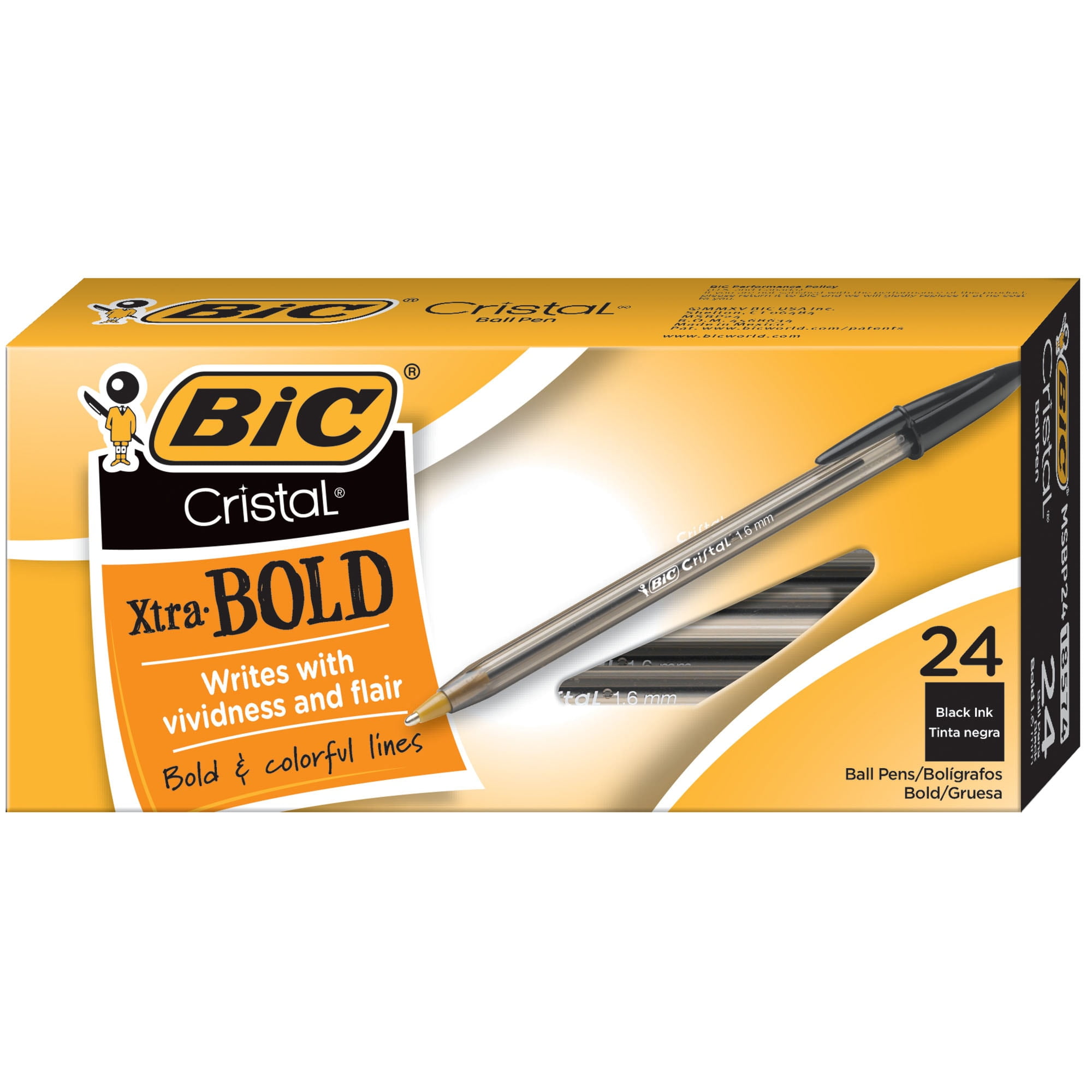 BIC Cristal Bold Ballpoint, 1.6 mm, Translucent Smoked Barrel, Black , Pack of 24 Pens