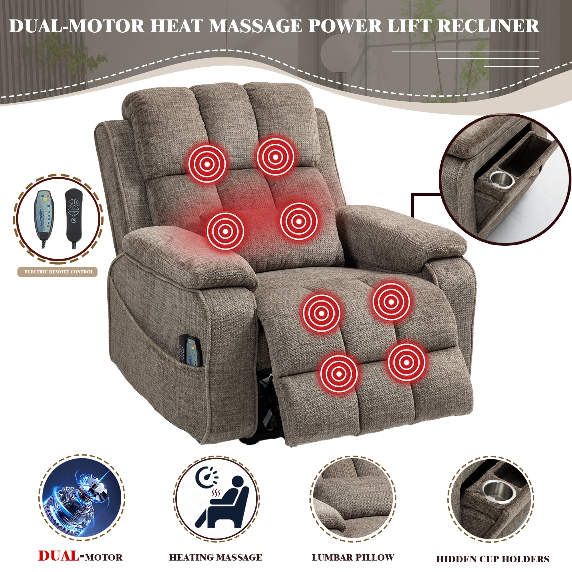 LITVZ Lift Recliner Chairs for Elderly, Lumbar Power Lift Chair with Heat and Massage, 180° Lay Flat Recliner with Extended Footrest, USB & Type-C Ports and Side Storage for Big Man 400lbs Sleeping