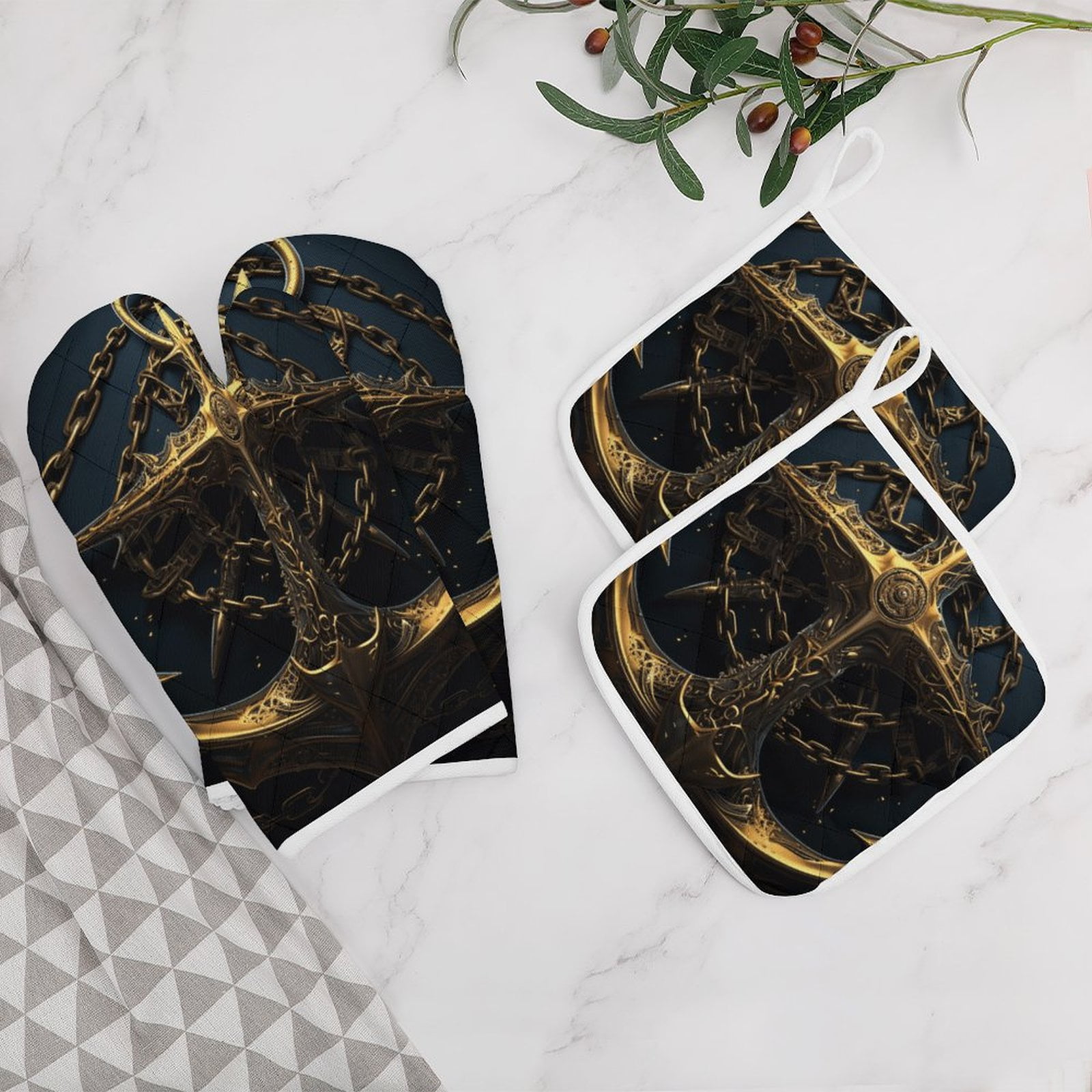 Anchor with Sailing Heat Resistant Microwave Oven Gloves Set for BBQ Baking Grilling,Baking Gifts Cooks for Women,Housewarming Gifts for New Home