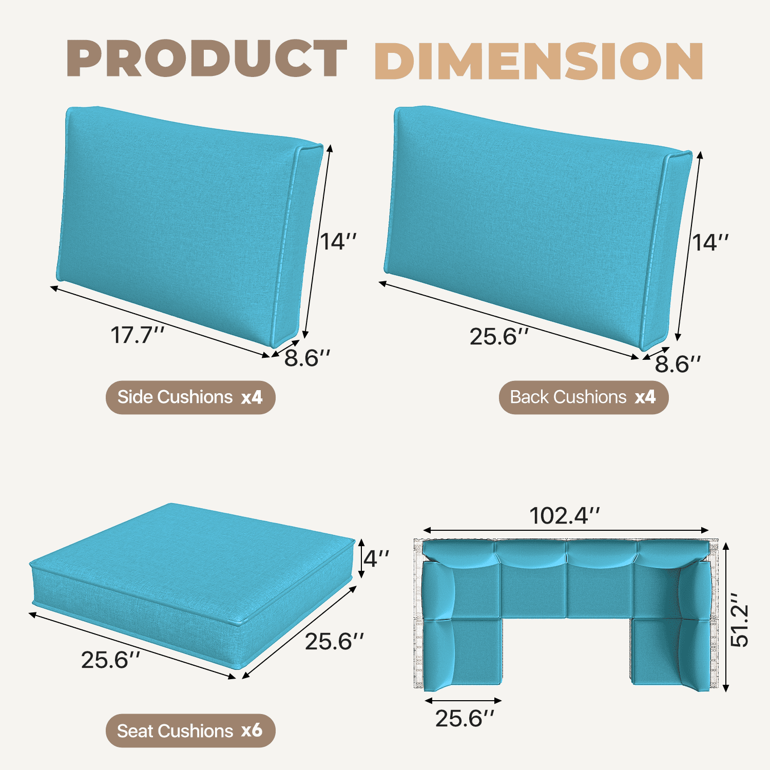 BaPiPro 6-Person Sky Blue Outdoor Sectional Sofa Cushions, Waterproof Polyester Patio Cushions with High-Density Sponge & Side Pillows, No Assembly for Backyard, Porch, Deck & Poolside