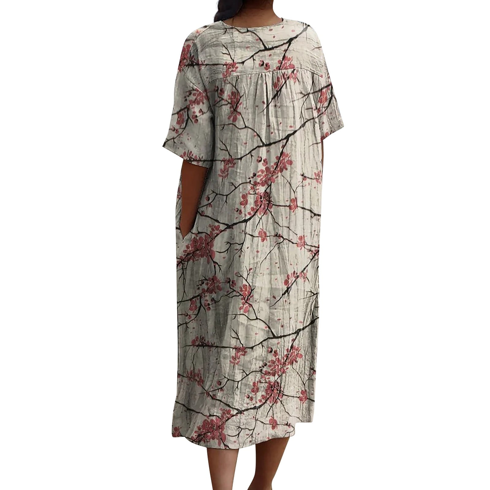 XVJRHAK Women's Vintage Floral Art Print Casual Flowing Dress With Pockets V Neck Dress (Khaki,M)