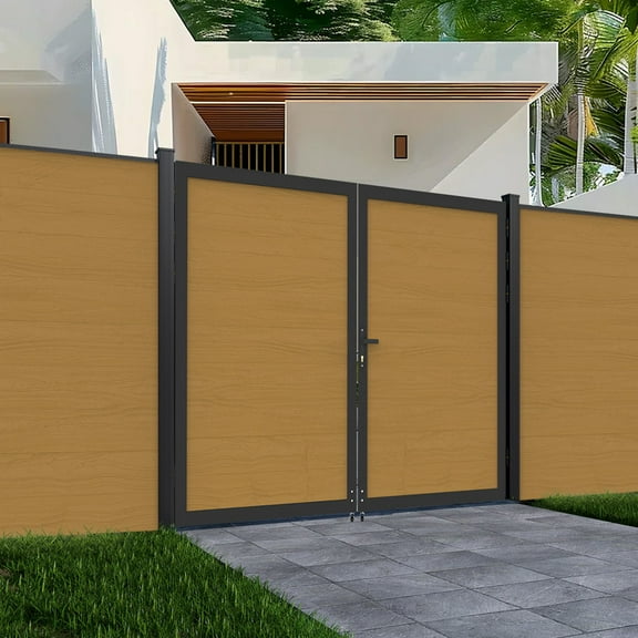 Mondaria Wood Plastic Privacy Double Fence Gate 6ft(H) x 6ft(W), Metal Frame with Knob Kits, Durable Composite Outdoor Gate,Yellow Teak