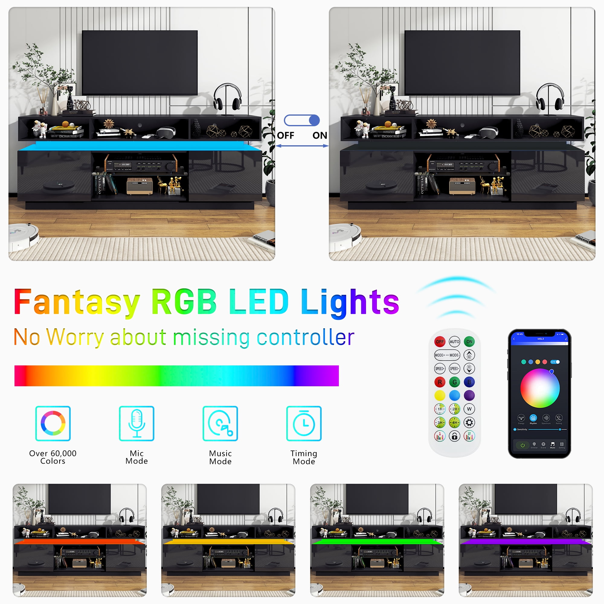 ChVans LED TV Stand for up to 80" TVs with Power Outlet, Modern Tall Entertainment Center with Storage, High Gloss Gaming TV Media Console with 2 Storage Cabinets for Living Room, Bed Room