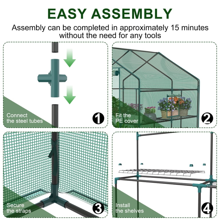 JIOABL 3-Tier Walk-In Greenhouse with PE Cover, Roll-Up Zipper