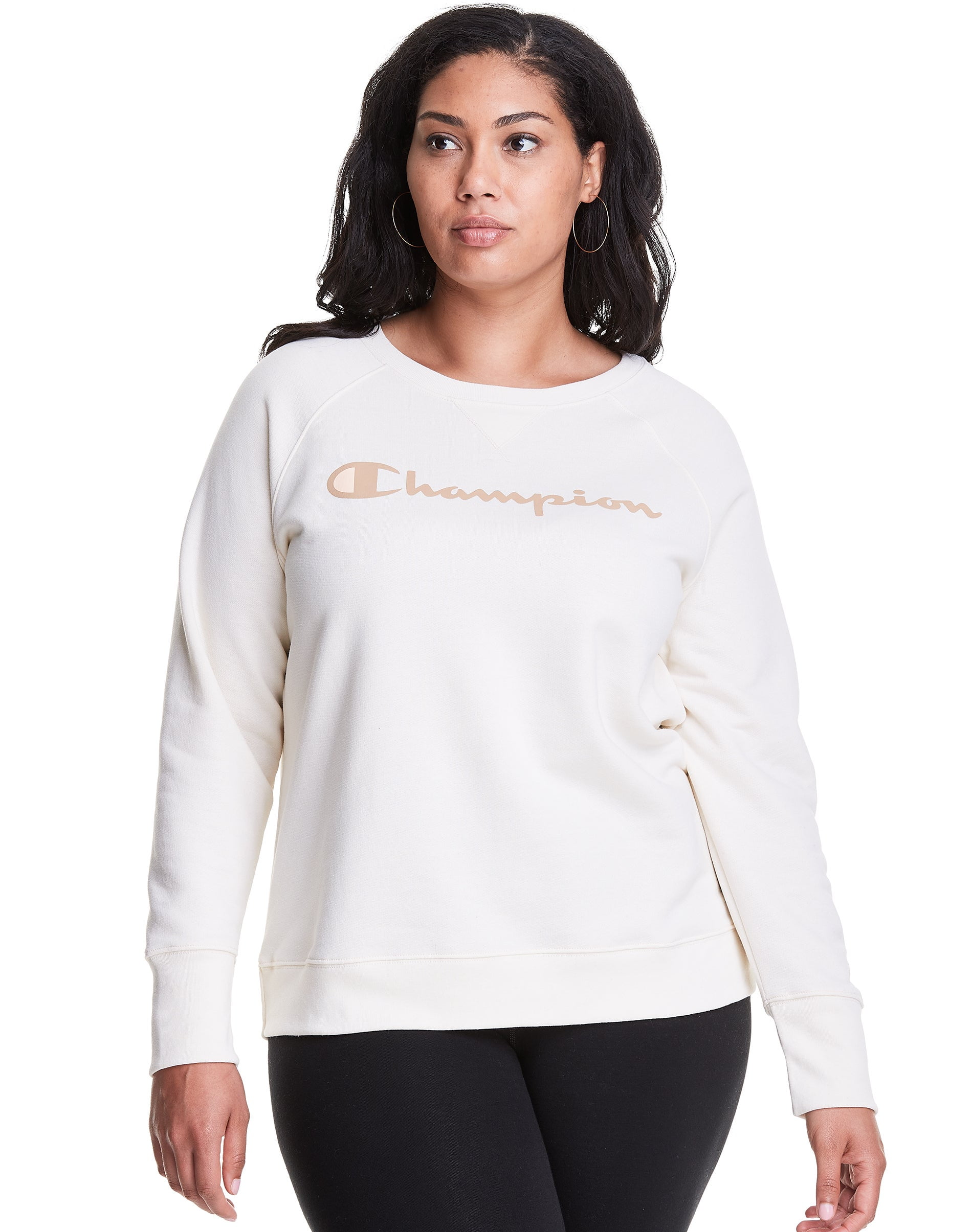 Champion Women's Plus Size Powerblend Boyfriend Logo Crew Sweatshirt, 1X, Natural