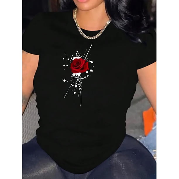 Camiseta informal de manga corta y cuello redondo para mujer, de punto de algodón, con estampado de rosas rojas y letras, cómoda camiseta de verano, para todas las estaciones, ropa deportiva de ocio p