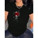 thumbnail image 1 of Camiseta informal de manga corta y cuello redondo para mujer, de punto de algodón, con estampado de rosas rojas y letras, cómoda camiseta de verano, para todas las estaciones, ropa deportiva de ocio p, 1 of 7