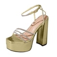 thumbnail image 3 of Rokment Bridal Glitter Rhinestones Platform Chunky High Heels Dress Sandals for Women Bride Wedding Sparkly Sexy Open Square Toe Block Heeled Pumps Dressy Sandals Gold Size 8.5, 3 of 4