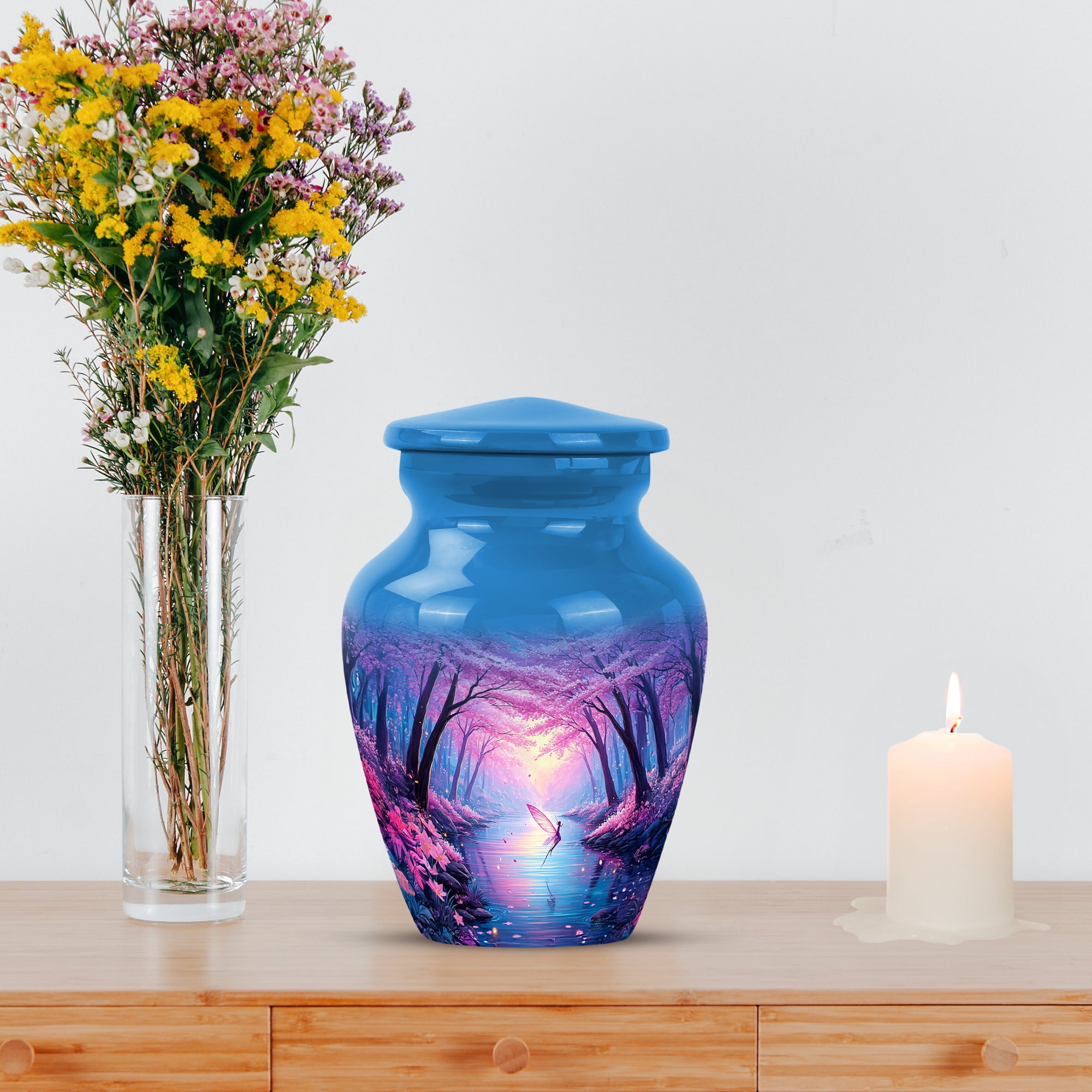 MUKTIVE Cherry Blossom Funeral Urns for Adult Male, Pink Butterfly Memorial Urn for Ashes for Women, Decorative Blue Cremation Urn, Burial Urns for Father Ashes, 3 Inch