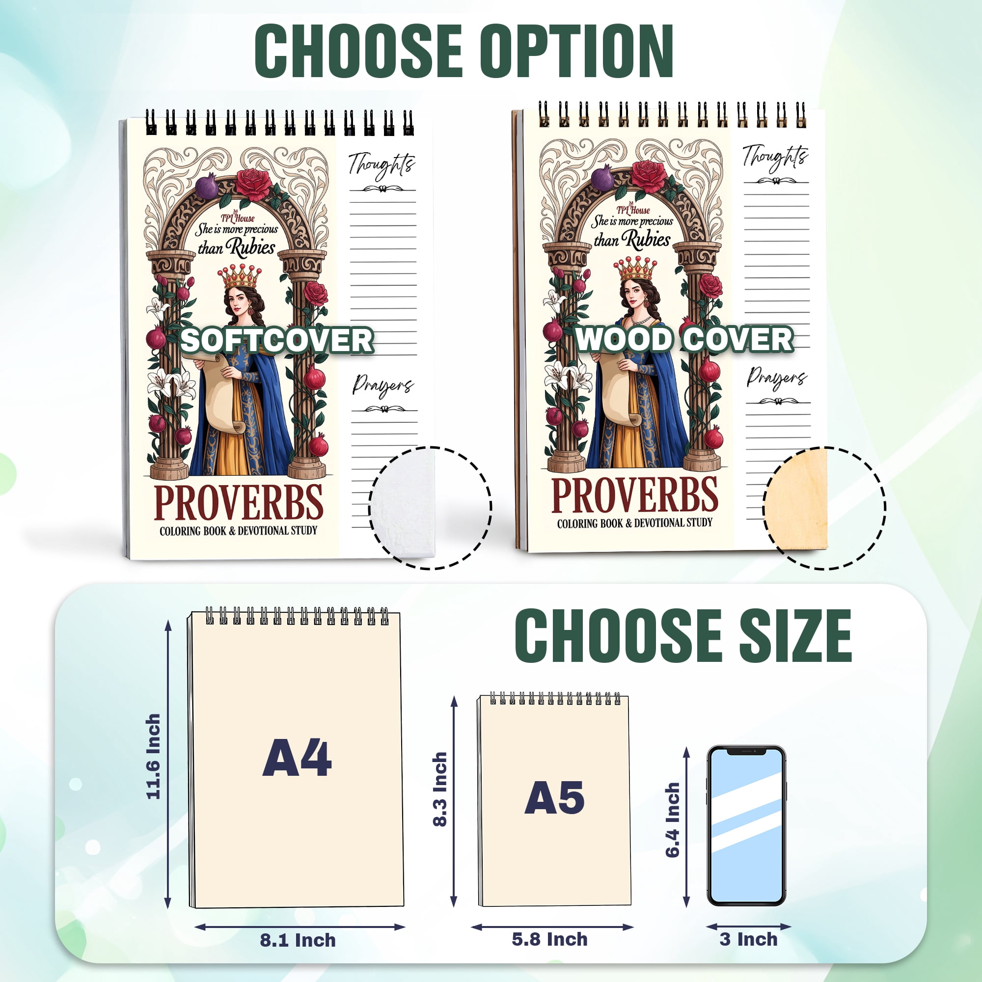 Proverbs Coloring Book for Adults, 30 Minimalist Scripture Art Pages with Reflection & Prayer Space, Spiral Bound, A4 or A5 Softcover or Wood Cover