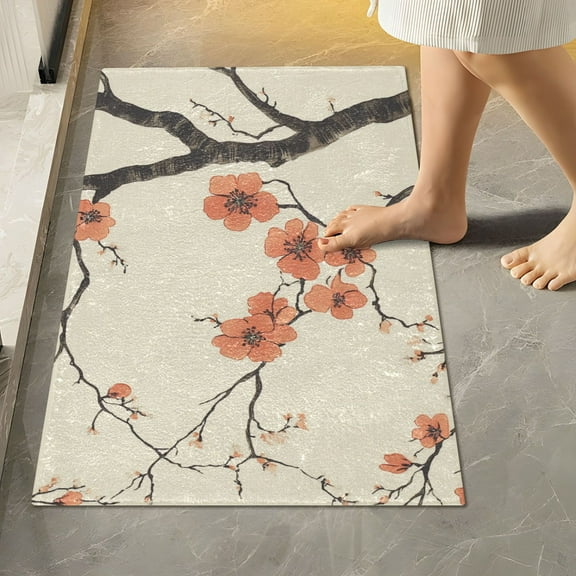 Yayeee Bath Rug for Bathroom Floor Non Slip Rectangle Fluffy Soft Absorbent Mat, 16"x24", Light Red Flowers