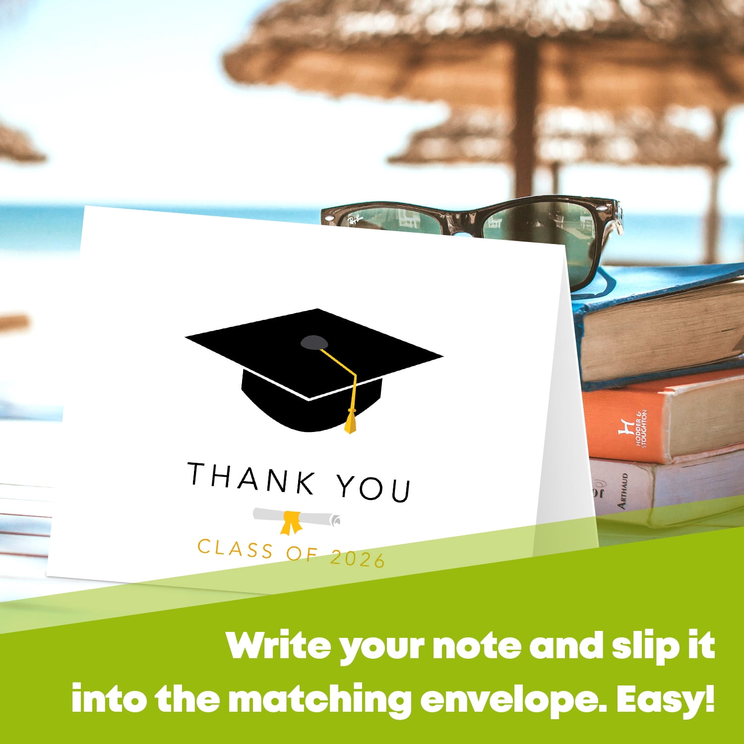 Graduation Cards 2026 – Thank You Card - Cute & Stylish Greeting, Appreciation, Celebratory Greeting Card | 4.25 x 5.5” When Folded (A2 Size) | 80lb Cover (216gsm) | 25 per Pack (Class of 2026)