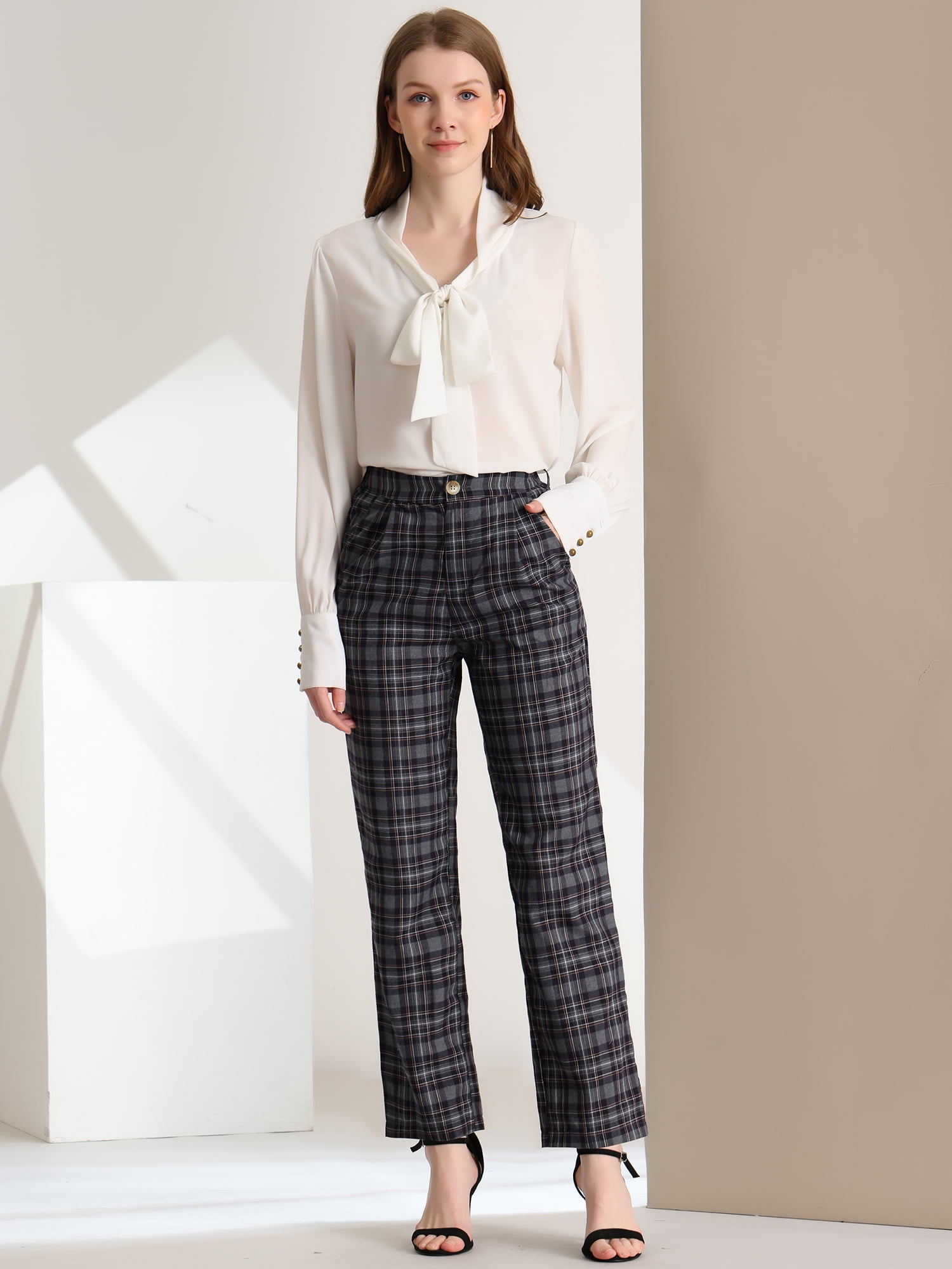 DARING DIVA Women's Plaid Trousers Pockets Straight Leg Casual Pant L dark Gray Black