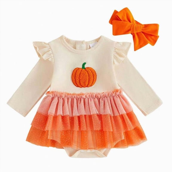 Gerichy Kid Toddler Girl Halloween Outfit Pumpkin Embroidered Romper Dress/Tutu Dresses Baby Girls Matching Outfits 0-18 Months