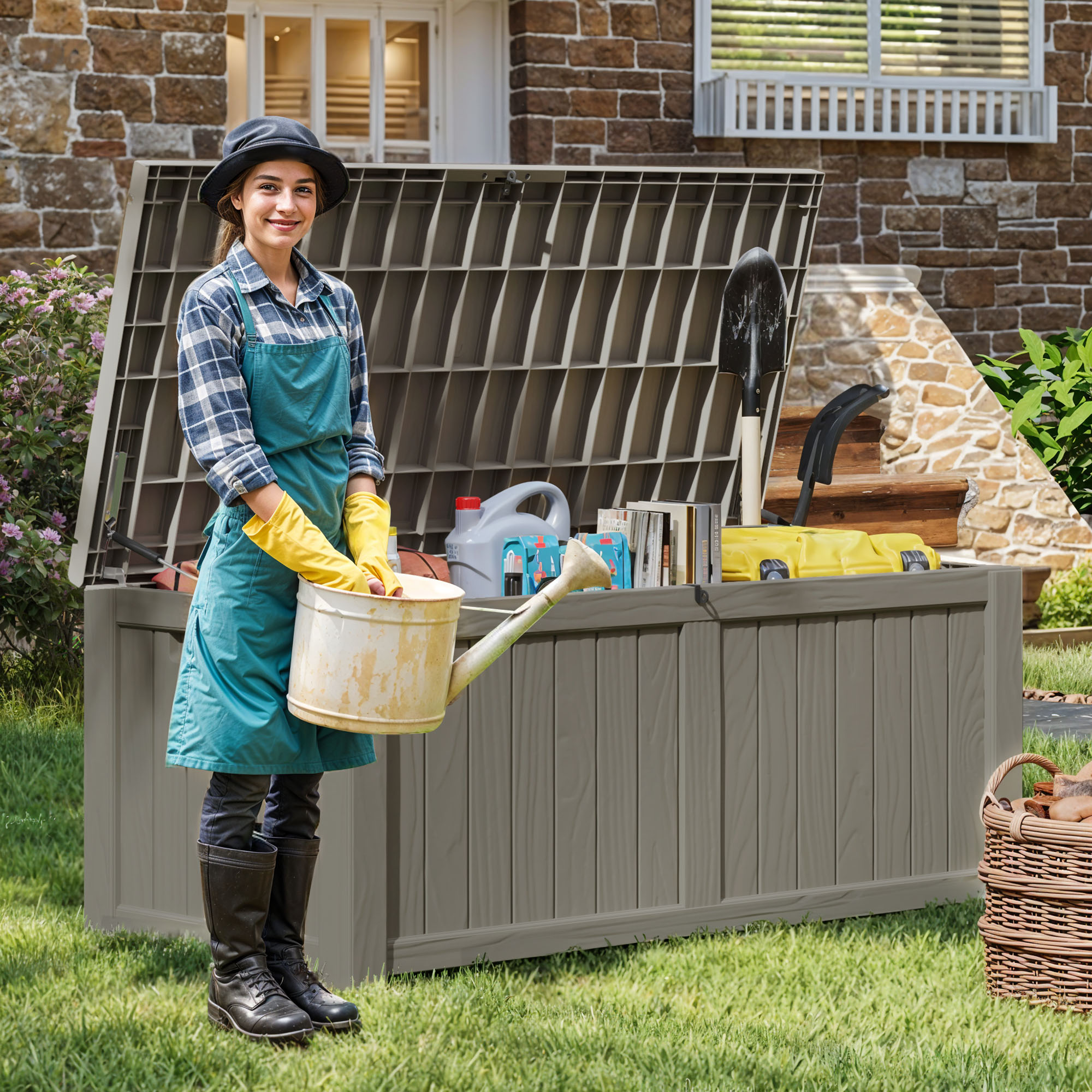 120-Gallon Light Brown Outdoor Storage Box - Weather-Resistant Resin Bin for Toys, Tools, and Blankets with Extra Seating and Easy-Move Handles
