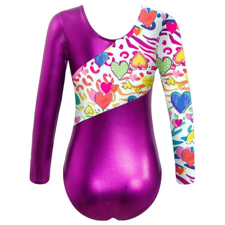 Miaeowve Kids Girls Metallic Cartoon Print Patchwork Ballet Leotard Gym Unitard Outfits Dancing Rose Red 10