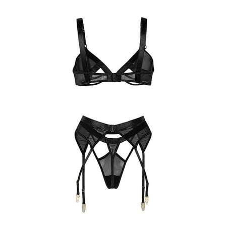 

Odeerbi Sheer Lingerie for Women Three Piece Underwear Hollow Mesh Splice Set Black