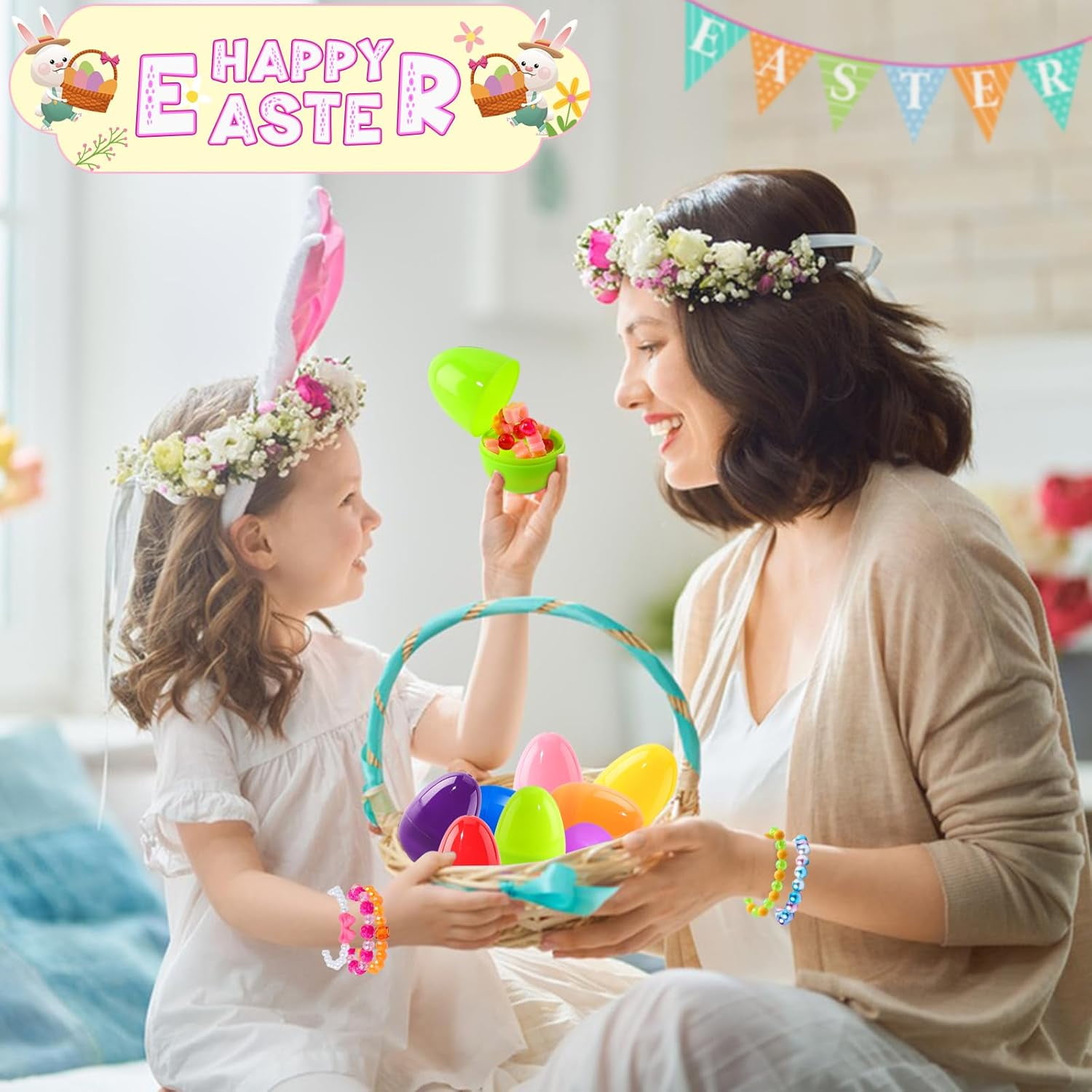 Prefilled Easter Eggs with Bracelets ,24 Pack Easter Basket Essentials Easter Basket Stuffers for Easter Eggs Hunt Game, Easters Party Favors for Girls