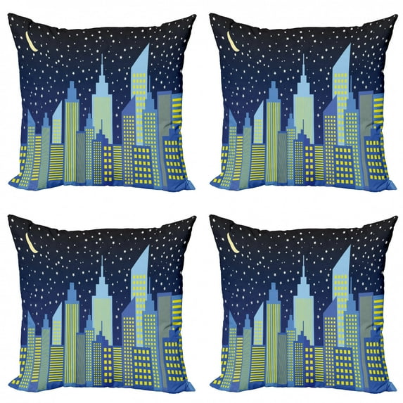 City Throw Pillow Cushion Case Pack of 4, Graphics Illustration of a Modern City Skyline, Modern Accent Double-Sided Print, 4 Sizes, Sky Blue Dark Night Blue, by Ambesonne