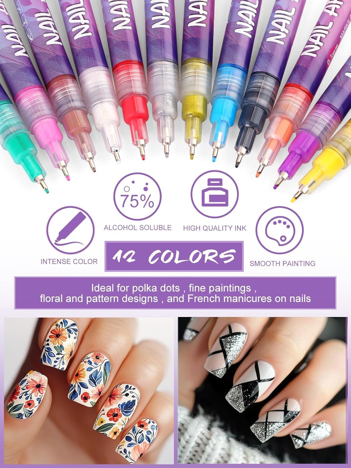 12 Colors Nail Art Pens Set, 0.5MM Nail Polish Pens with Drawing Painting Point Liner, Waterproof Quick-Drying Acrylic Nail Paint for DIY Nail Art Design
