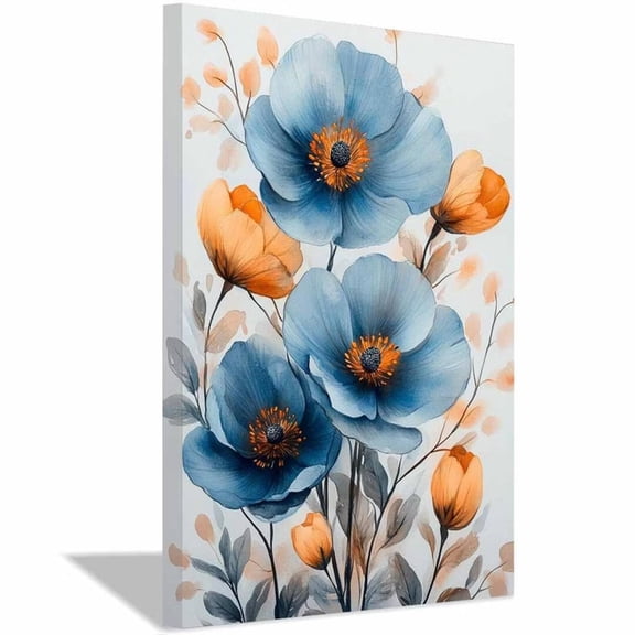 Mudket Blue and Orange Flower Canvas Wall Art, flower poster, Floral Wall Decor, Modern Botanical Artwork for Living Room Bedroom, Framed Ready to Hang - 12"L x 8"W