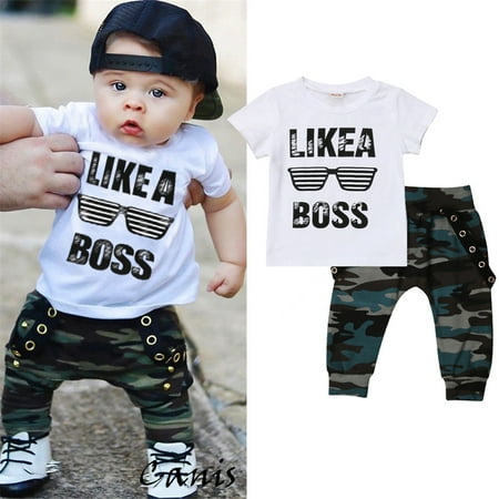 

Qtinghua 2PCs Toddler Baby Boys Outfits Like A Boss Letters T-Shirt Tops Camouflage Pants Summer Clothes