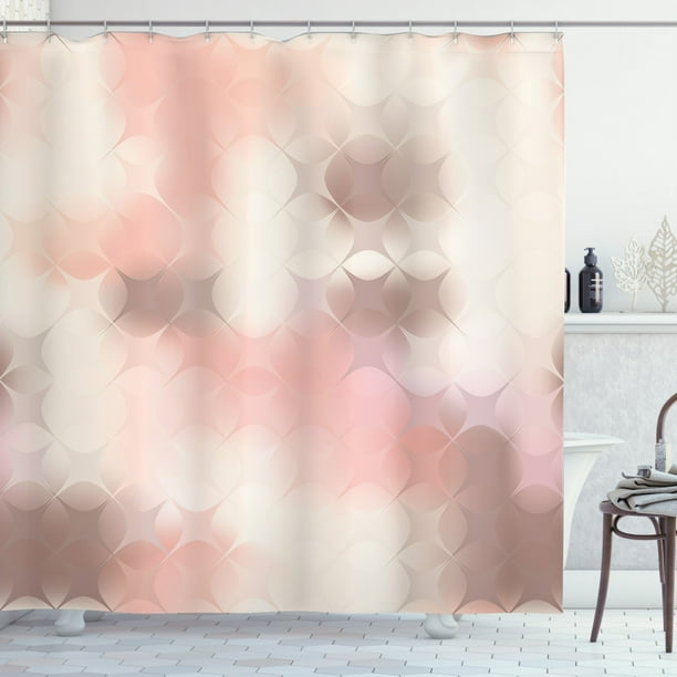 Peach Shower Curtain, Abstract Square Shapes with Stars Pattern Warm Color Scheme Modern Artwork
