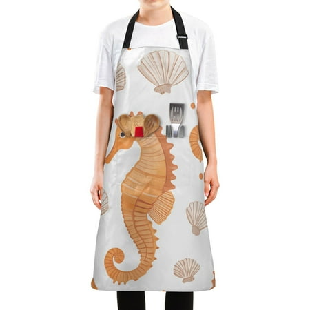 Yayeee Cooking Apron with Pockets Water Resistant Adjustable Neck Strap Orange Seahorse