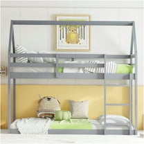 JERFIT Twin over Twin Low Profile House Frame Bunk Bed with Ladder & Guardrails, Rubber Wood, Gray