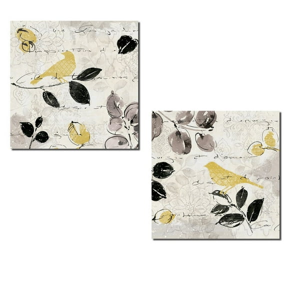 Beautiful Grey and Yellow Leaf and Bird Print Set by Pela; Two 12x12in Poster Prints