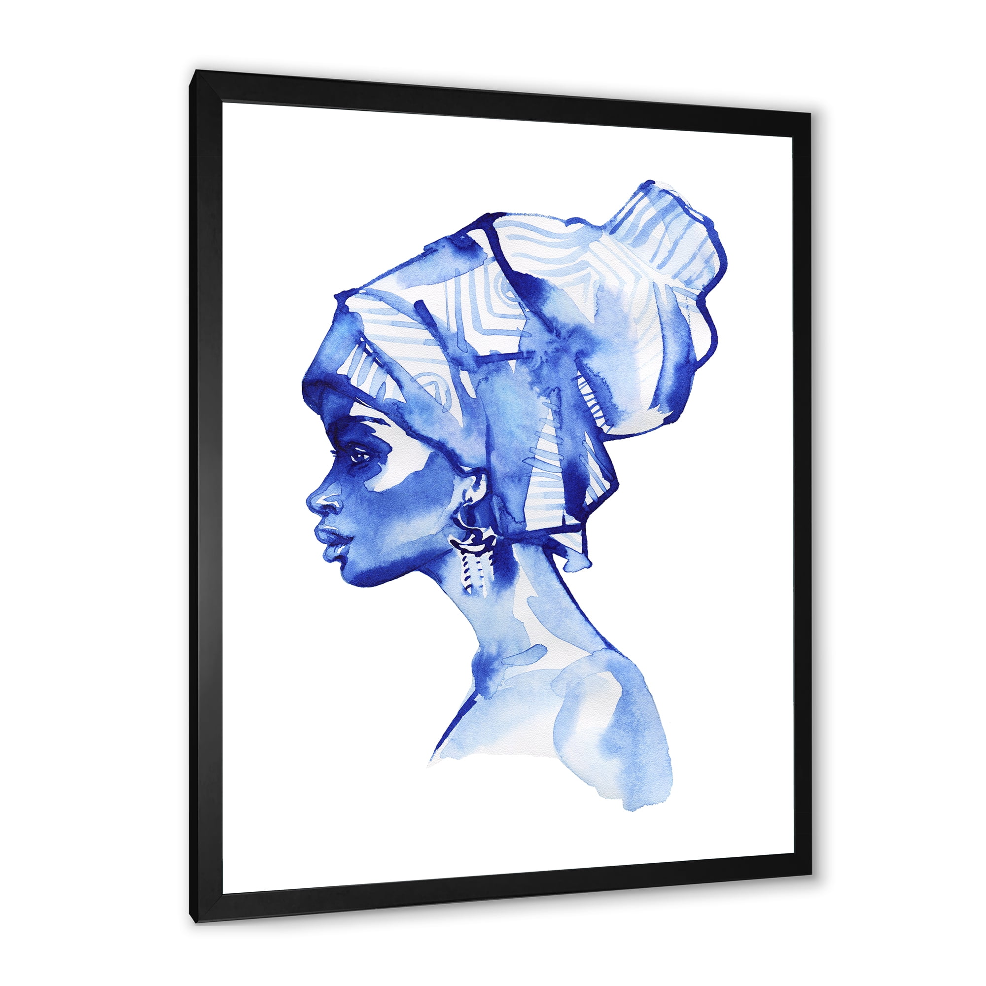 Designart 'Afro American Woman Blue Fashion Portrait' Modern Framed Art Print