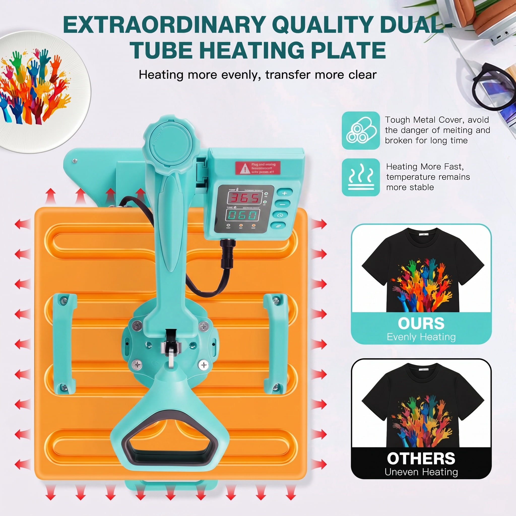 Adnoom Heat Press Machine 15x15 8 in 1, 1200W Sublimation Heat Transfer Machine Combo, 360° Swing Away, Digital Heat Press for Tshirt Plate Cap Mug, Green