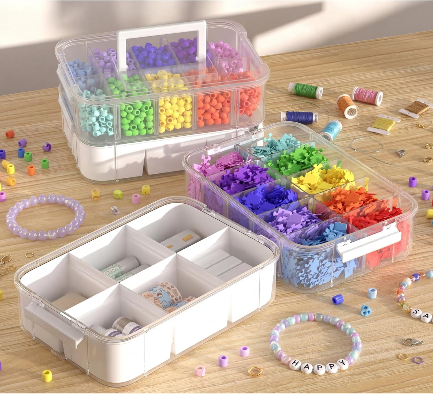4-Layer Craft Organizers and Storage with 2 Removable Drawers, Large Art Supply Case with 20 Adjustable Dividers, Portable Sewing Box for Beads, Craft Supplies, Scrapbooking&Tools