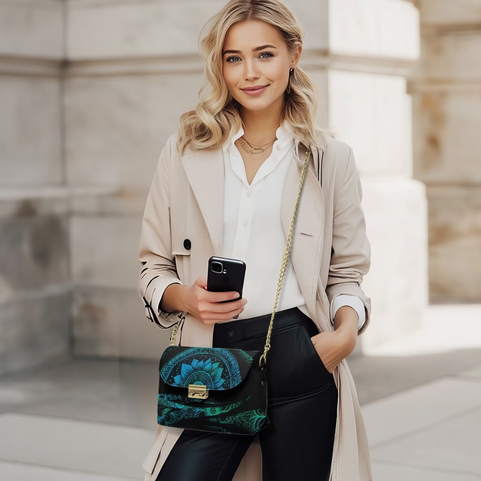 Pzuqiu Mandala Leather Cross Body Bag Exquisite Fashion Women Leather Crossbody Bag with Chain Lightness Functional Quilted Crossbody Purse for Women for Daily Use