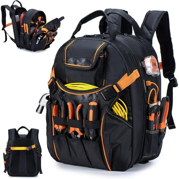 52 Pockets Tool Bag Backpack for Men Tool Backpack Heavy Duty Storage Organization Tool Bags Heavy Duty with Waterproof Molded Base for Electrician Repairman Industrial & Construction Work Black