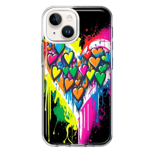 MUNDAZE Case for Apple iPhone 15 Plus Hybrid Shockproof Slim Hard Soft TPU Shell Heavy Duty Protective Phone Cover - Colorful Rainbow Hearts Love Graffiti Painting