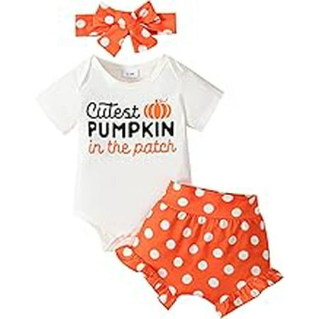 

Baby Girl Halloween Outfit Pumpkin Romper+Ruffle Shorts Set+Headband Newborn Fall Clothes Thanksgiving Clothing