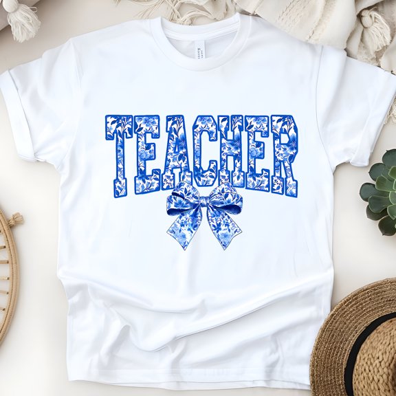 Blue Floral Teacher Shirt with Bow | Cute Back To School Tee, White, Size S