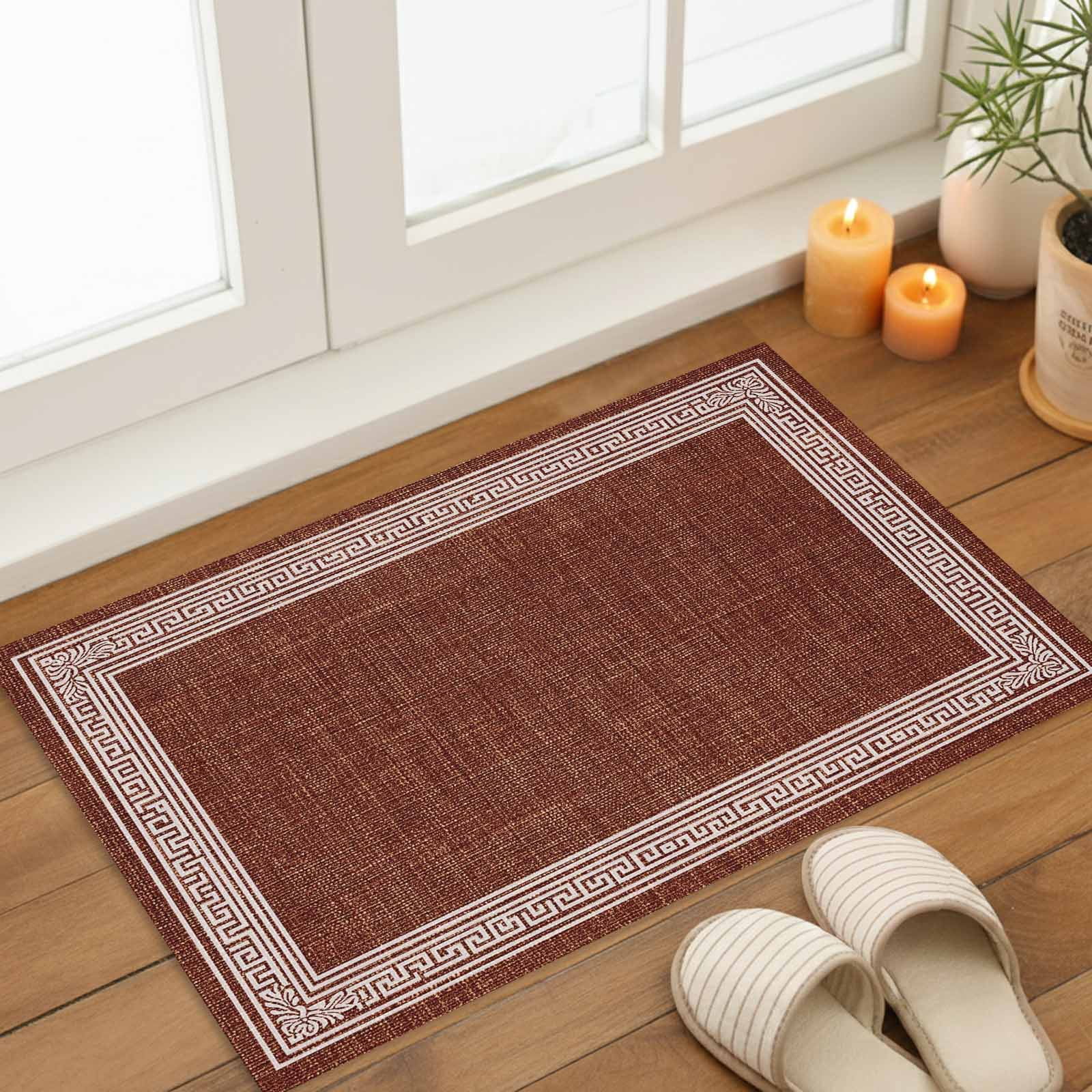 Dark Brown Geometric Indoor Door Mat - 18"x30", Non-Slip Welcome Mat for Outdoor, White Greek Key Design Burlap Modern Art Front Doormat for Entry, Low-Profile Doormat Entrance Rug for Bathroom