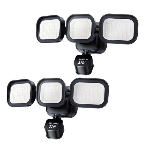 Dawnrise 270° 3 Heads Black Motion Sensing Integrated LED Flood Light, 6500 Lumens (2pack)