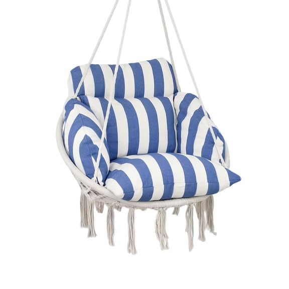 Dranite Swing Chair Indoor/Outdoor with Large Blue Cushion, Steel Frame & Hanging Chain
