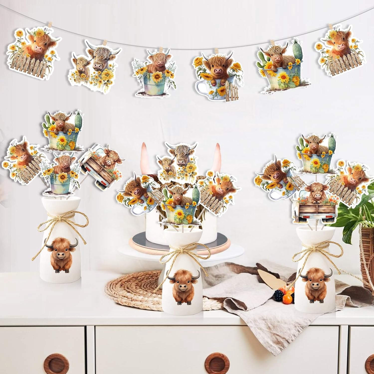 24 Pieces Highland Cow Centerpiece Sticks - Farm Highland Cow Table Toppers, Western Theme Party Decorations, Birthday Party Baby Shower Supplies