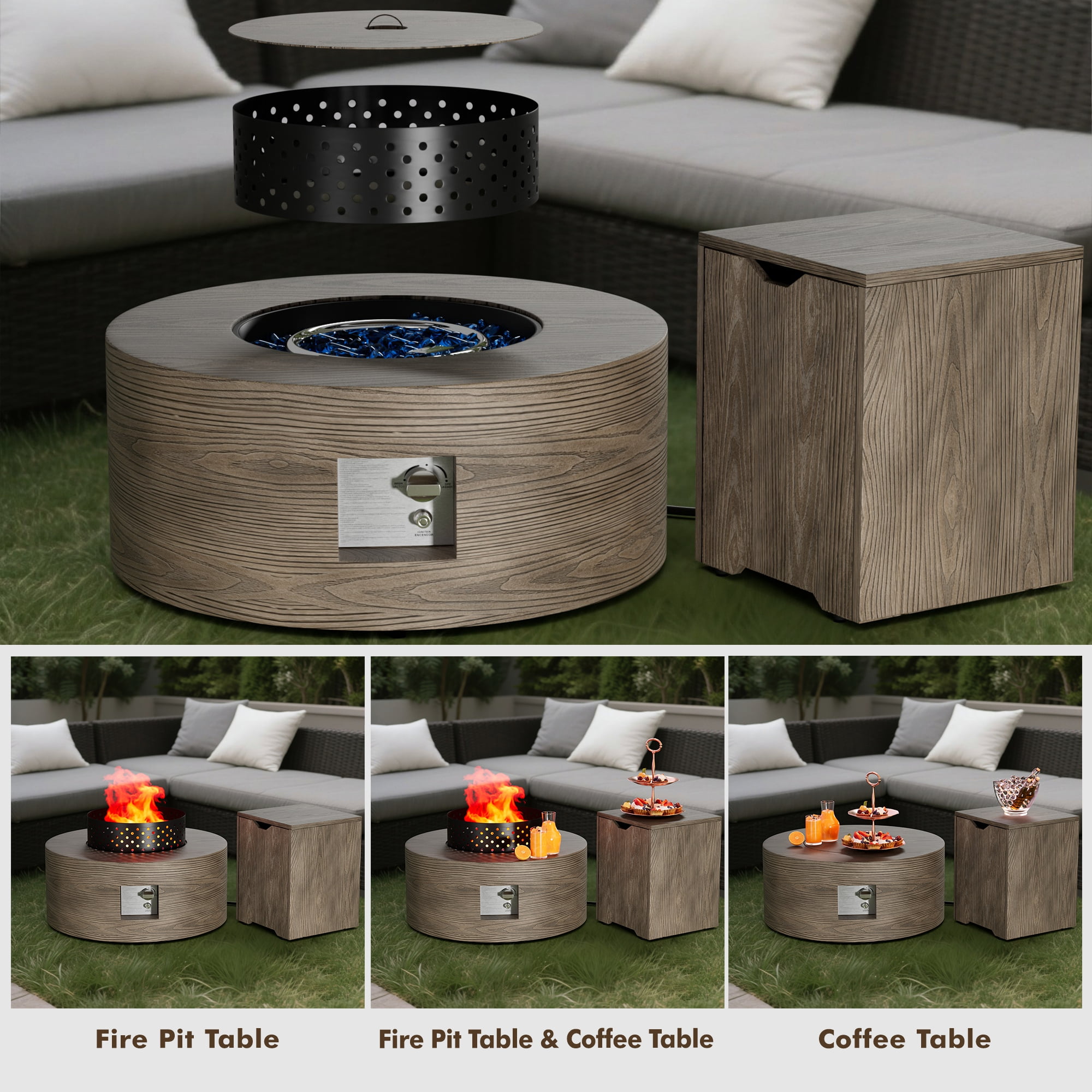 30 in. Round Coating Steel Propane Firepit Table, 50,000 BTU Outdoor Fire Pit Table in Dark brown Wood Grain