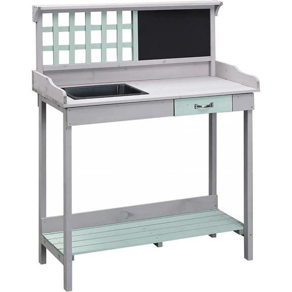 MY. Outdoor Wooden Potting Bench Table with Removable Sink, Garden Work Bench with Chalkboard, Drawer, Open Shelf Storage, Light Gray