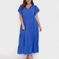 thumbnail image 5 of GaThRRgYP Women's Plus Size Maxi Dress,Plus Size Women Fashion Summer Spring Casual V-Neck Solid Color Pocket Short Sleeve Dress Blue XXL, 5 of 9