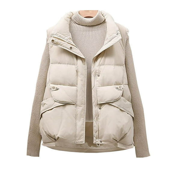 Htigea Sleeveless Jacket for Women Fall Winter Puffer Vest Solid Casual Loose Fit Coats Trendy Zip Stand Collar Vest with Pockets White M