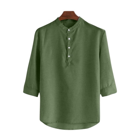 WRKEKC Mens Short Sleeve Button Down Shirts Solid Color Half Button Stand Collar 3/4 Sleeve Pullover Shirt for Casual Wear