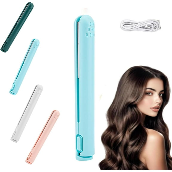 Dualglam Mini Dual-Purpose Curling Iron, Cozy Home Curling Iron, Mini Dual-Purpose Curling Iron, 2-in-1 Curling Wand & Flat Iron, Portable USB Mini Ceramic Curling Iron (Blue)