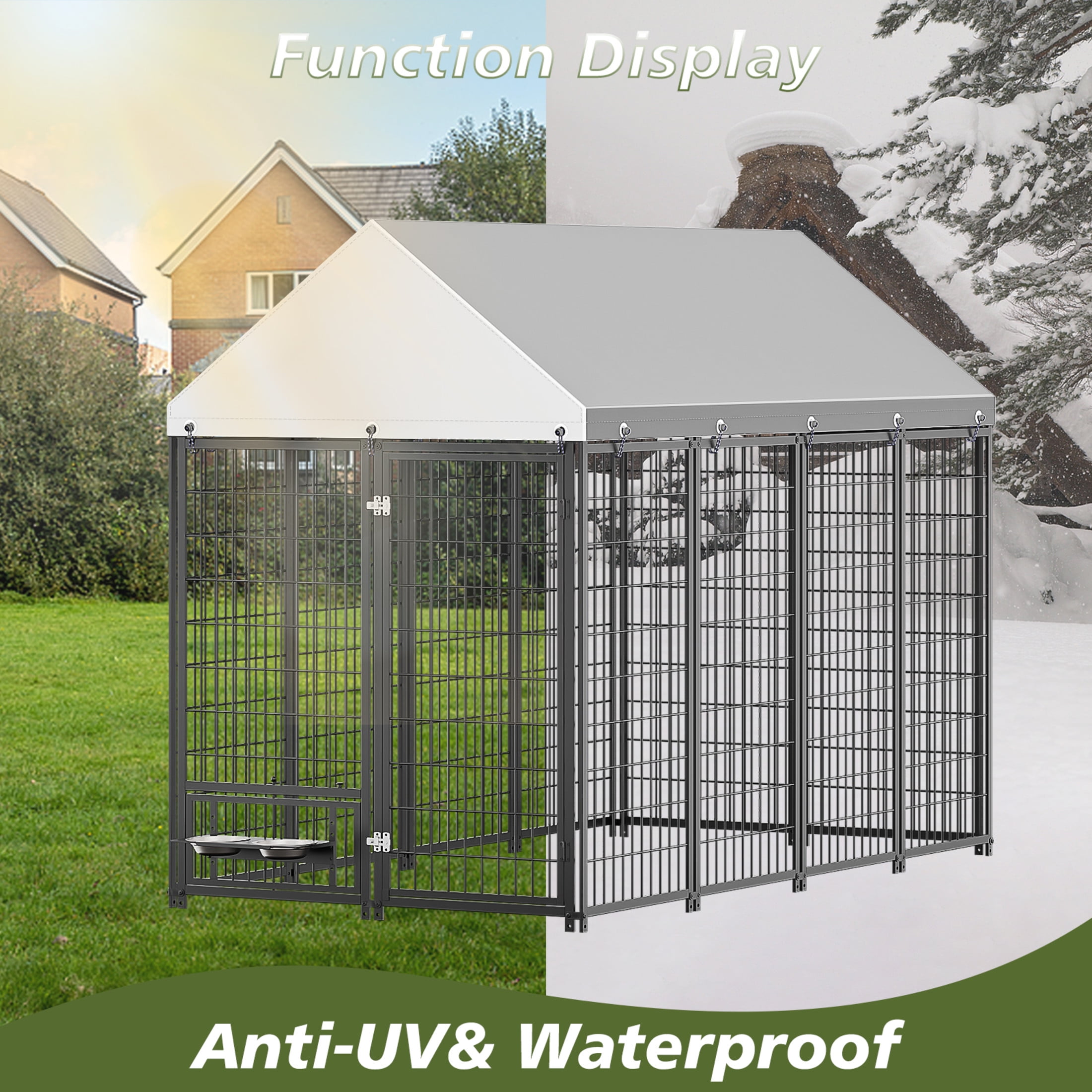 Noble House Large Outdoor Dog Kennel with Roof Cover, Metal Pet Pens 7.94'L x 4.13'W x 5.95'H, Black