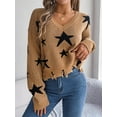 thumbnail image 3 of V Neck Star Pattern Distressed Detail Cropped Sweater for Women Brown Small, 3 of 5
